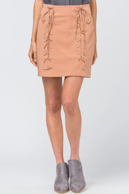 High Waist Grommet Mini Skirt, Desert Sand flowy skirt hem