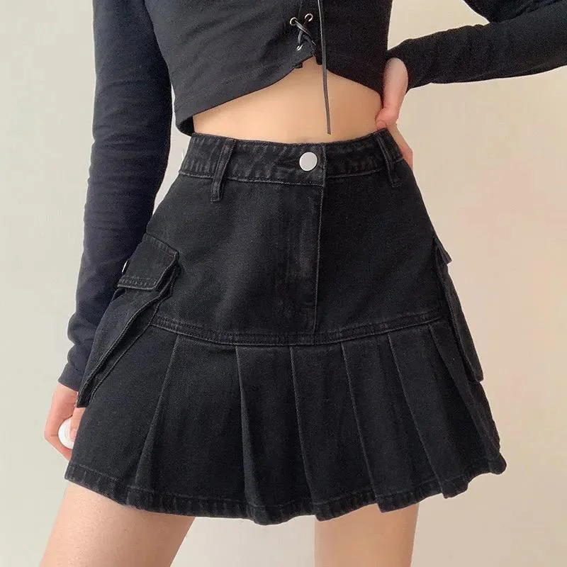 High Waist Versatile Ultra Short A-Line Skirt Spring Retro Denim Pleated Skirt wool skirt thick