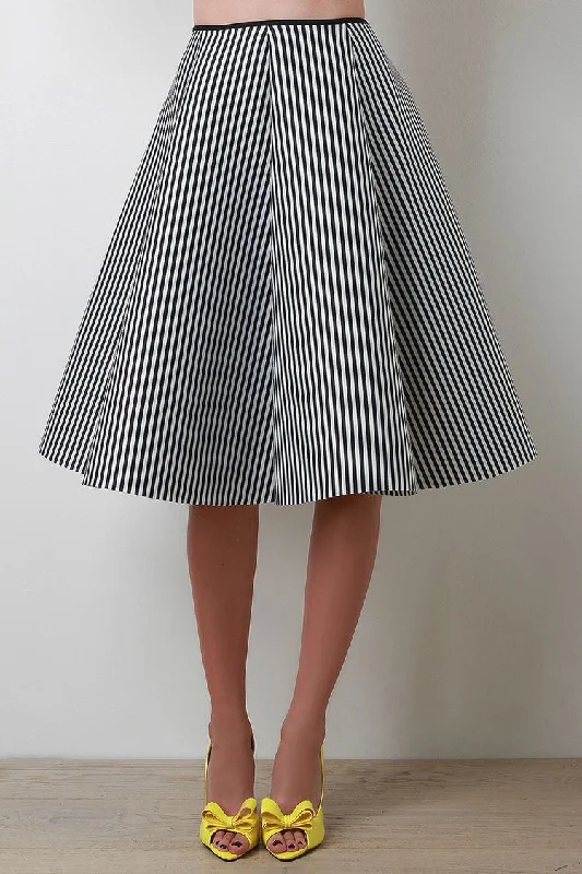 Kinny & Howie Lydia Vintage Style Black & White Stripe Pin Up Rockabilly Circle Skirt button skirt front