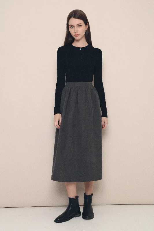 Leighton Suede Midi Skirt Slate Grey belted skirt waist