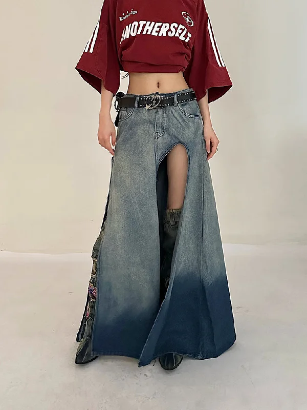 Lienna Denim Gradient Blue Low Waist Asymmetrical Cut-Out Side Slit Long Jeans Skirt midi skirt versatile