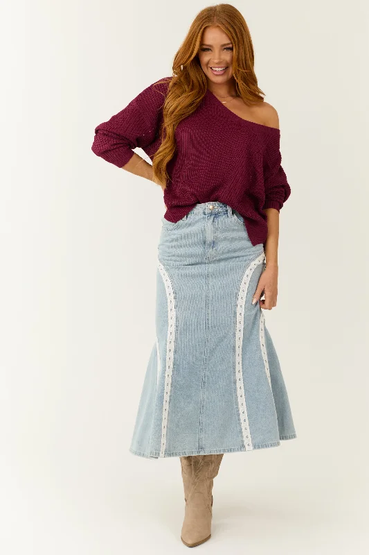 Light Wash Lace Trim Mermaid Flare Midi Skirt denim skirt classic