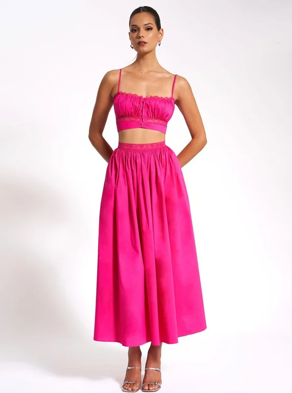 Martha Fuchsia Cotton Poplin Maxi Skirt and top Set lace skirt feminine