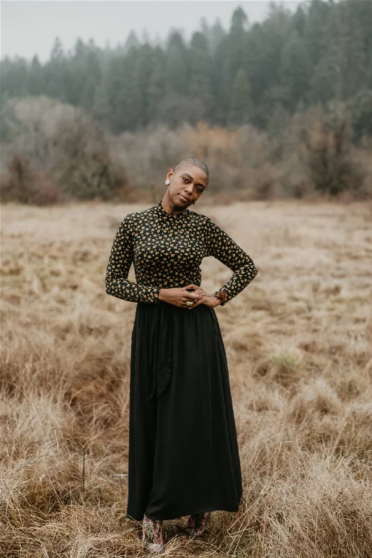 Maxi Wrap Skirt in Black Challis ruffled skirt detail