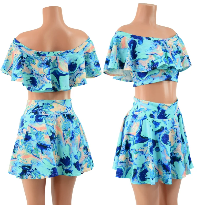 Off Shoulder Ruffled Crop and 15" Circle Cut Mini Skirt in Lapis Lagoon belted skirt waist