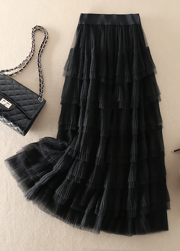 Organic Black elastic waist wrinkled Tulle Skirts Spring low waist skirt