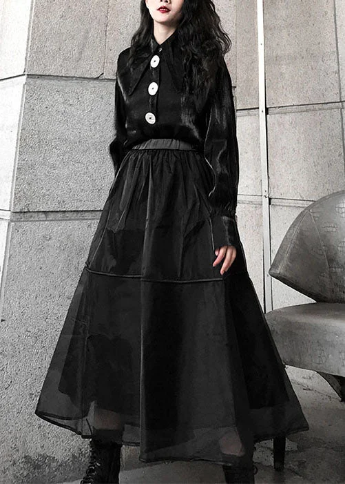 Plus Size black Tulle a line skirts Spring leather skirt sleek