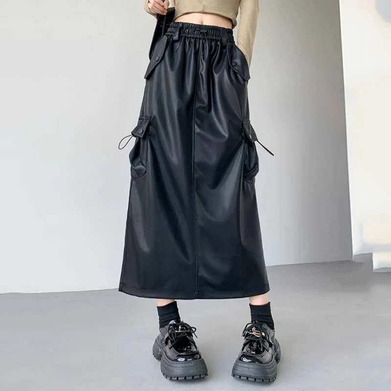 Retro Slit A-line Pu Mid-length Leather Skirt velvet skirt plush