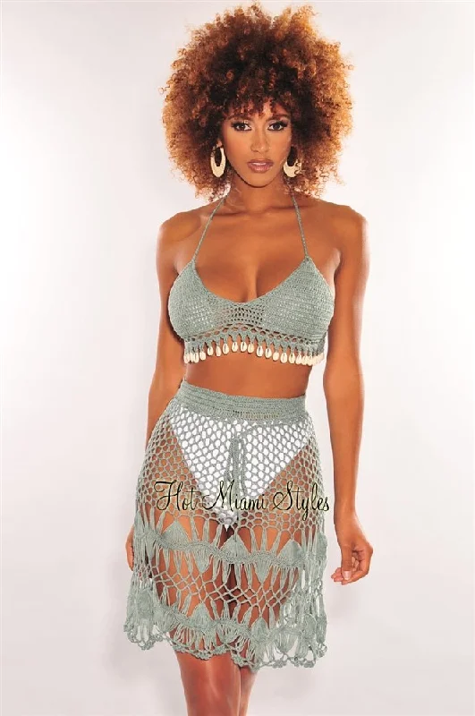 Sage Crochet Halter Cowrie Shells Skirt Two Piece Set Cover Up linen skirt natural