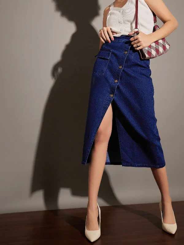 Women Classic Blue Front Button Wrap Skirt silk skirt sleek