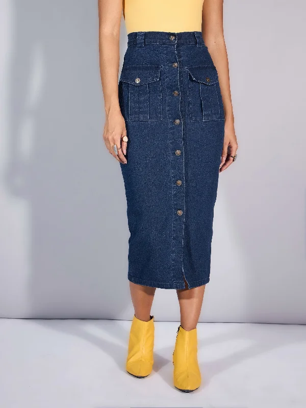 Women Blue Blast Denim Front Button Midi Skirt linen skirt breathable