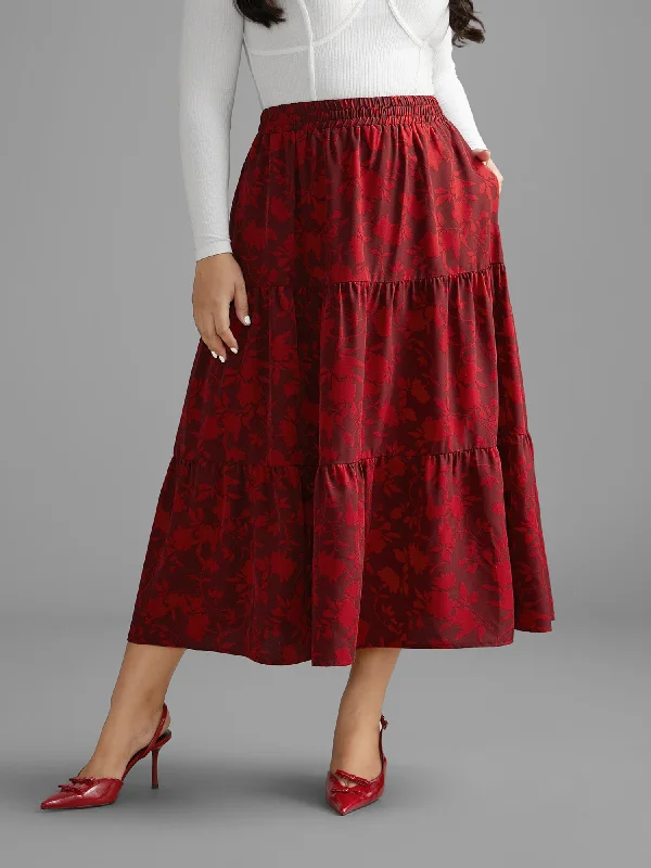 Silhouette Floral Print Ruffle Layered Hem Skirt slim fit skirt