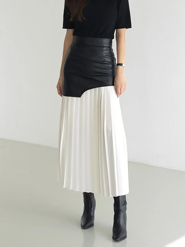 Asymmetric Patchwork Faux Leather Modern Chiffon Pleated Midi Skirt corduroy skirt textured