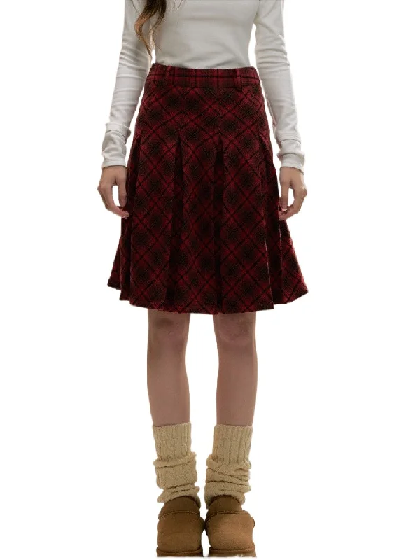 Vintage Red Plaid Wool Christmas Pleated Skirt high waist skirt