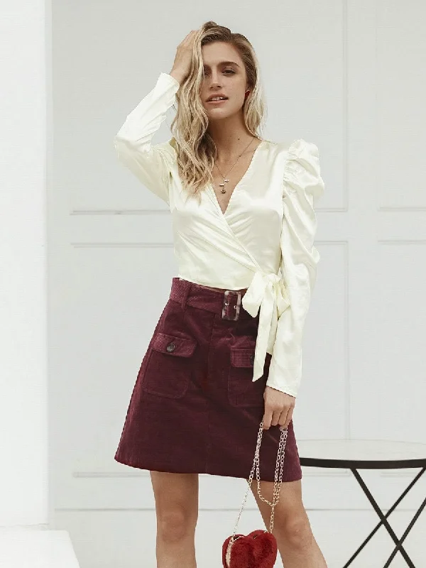 Dive In Love Corduroy Skirts - Burgundy denim skirt casual