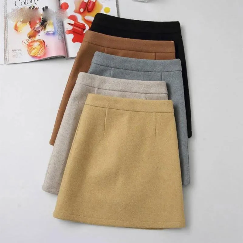 Woolen Skirt Female Autumn and Winter High Waist One Step Hip Skirt Half Skirt Woolen A-line Skirt leather skirt sleek