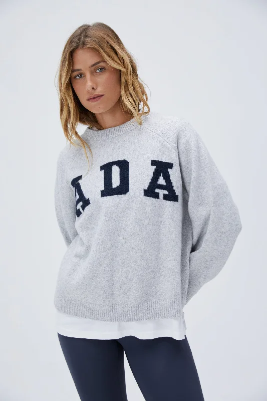 ADA Oversized Knit Sweatshirt - Light Grey Melange/Navy Blue Hoodie with Slit Hem Functional Movement