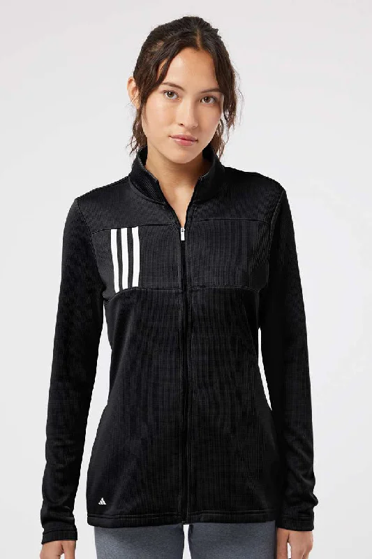 Adidas Womens 3 Stripes Double Knit Moisture Wicking 1/4 Zip Sweatshirt w/ Pockets - Black Hoodie with Drawcord Adjustable Secure