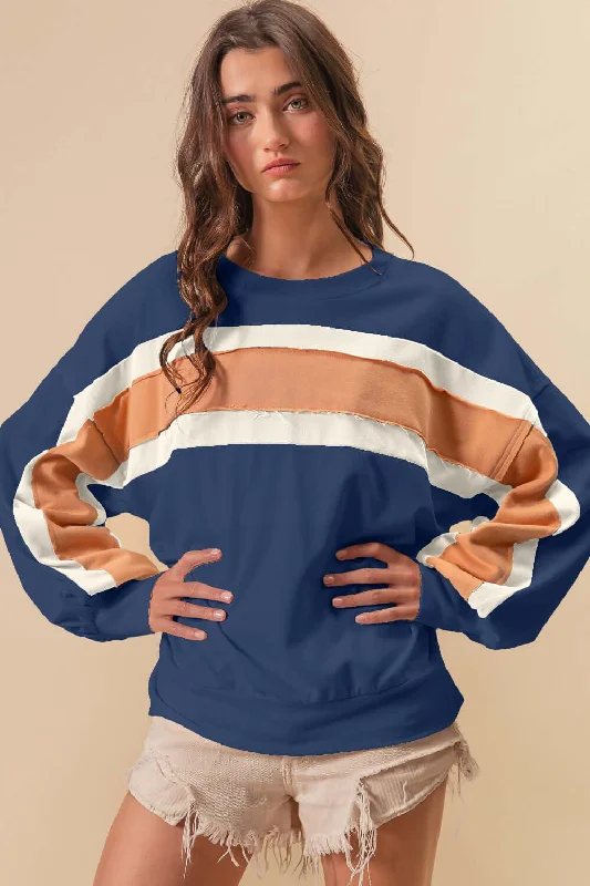 Blue French Terry Color Block Cut Edge Detail Sweatshirt Hoodie with High Neck Warm Protective