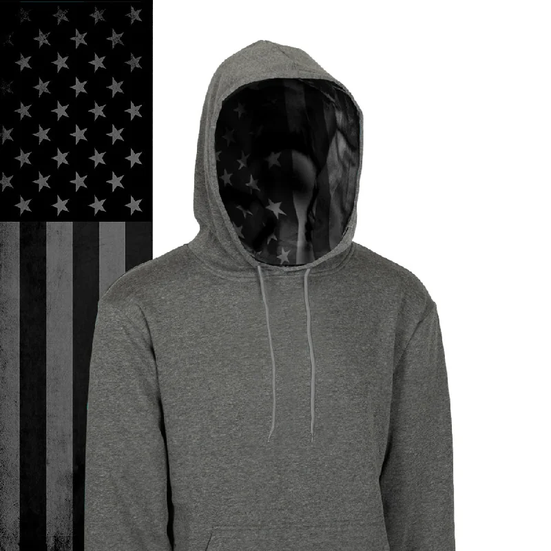 Classic Lined Hoodie | Blackout American Flag | Dark Heather Grey Hoodie with Bell Sleeves Flared Feminine