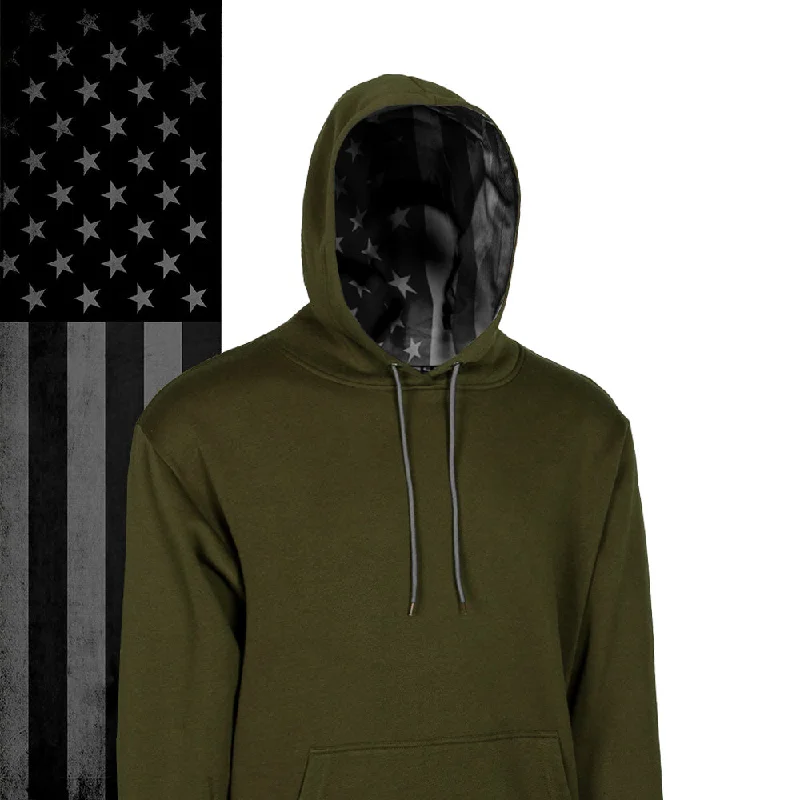 Classic Lined Hoodie | Blackout American Flag | Green Hoodie with Hem Elastic Stretchable Comfortable