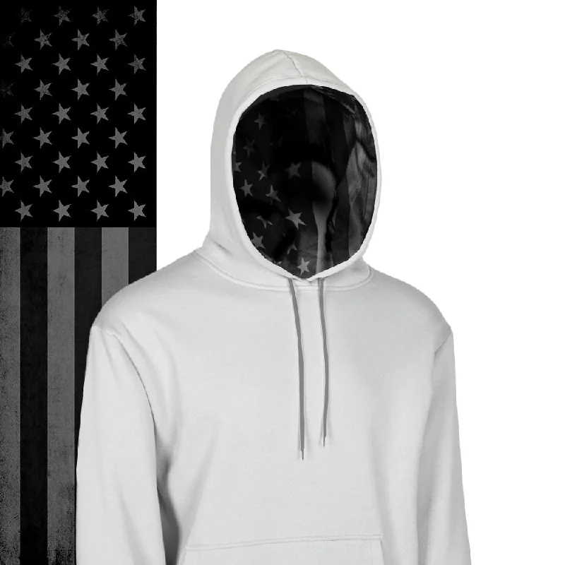 Classic Lined Hoodie | Blackout American Flag | Light Grey Hoodie with Drawstring Waist Adjustable Fitted