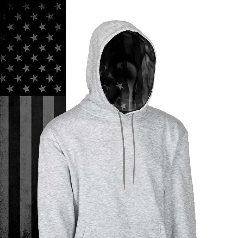 Classic Lined Hoodie | Blackout American Flag | Light Heather Grey Hoodie with Hem Applique Textured Unique