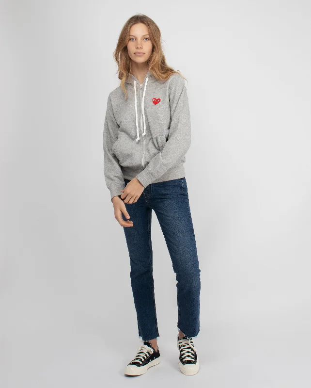 T167 RED HEART ZIP UP HOODIE / GREY Hoodie with Hem Ribbing Snug Secure