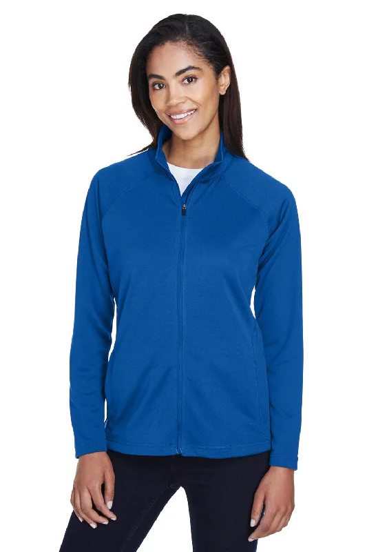 Devon & Jones Womens Compass Stretch Tech Moisture Wicking Full Zip Sweatshirt w/ Pockets - True Royal Blue Hoodie with V-Neck Classic Versatile