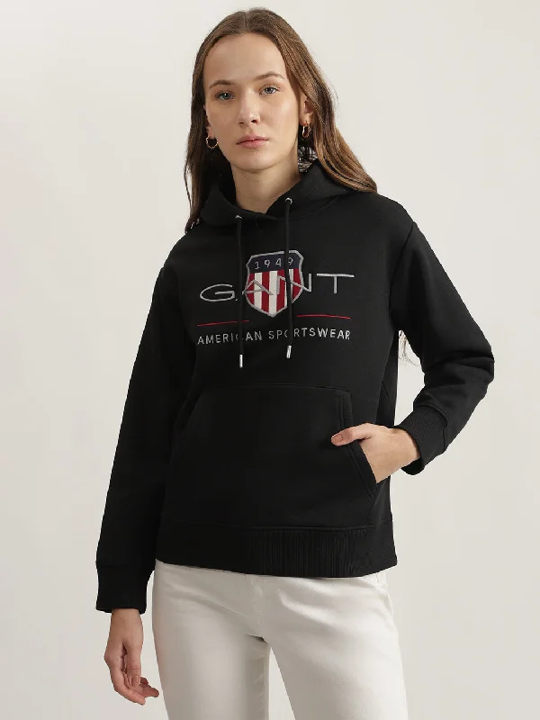 Gant Women Black Embroidered Hooded Full Sleeves Sweatshirt Hoodie with Exposed Zipper Edgy Industrial