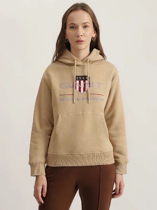 Gant Women Beige Embroidered Hooded Full Sleeves Sweatshirt Hoodie with Cuffed Sleeves Snug Secure