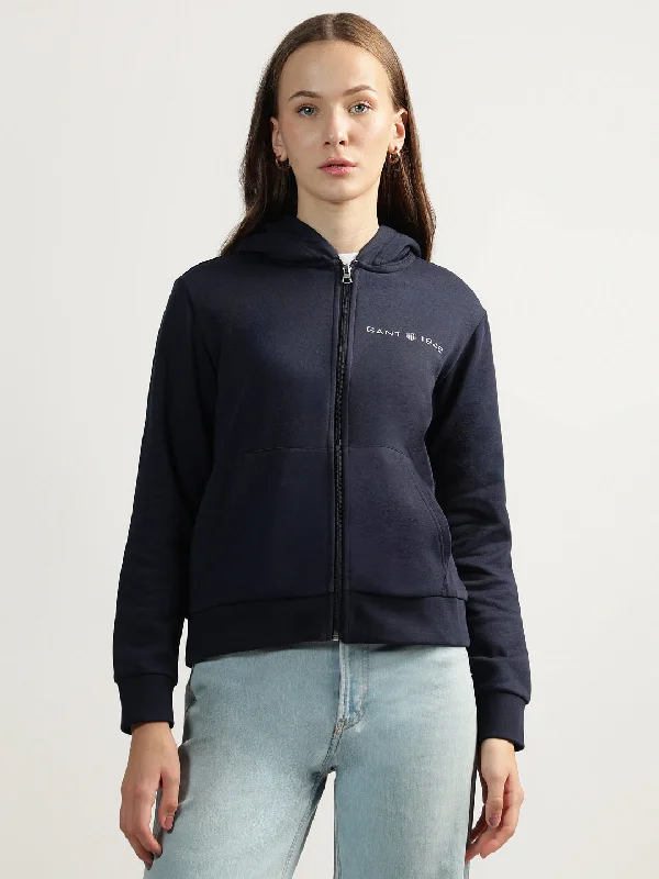 Gant Women Blue Solid Hooded Full Sleeves Front-open Sweatshirt Hoodie with Mesh Breathable Sporty