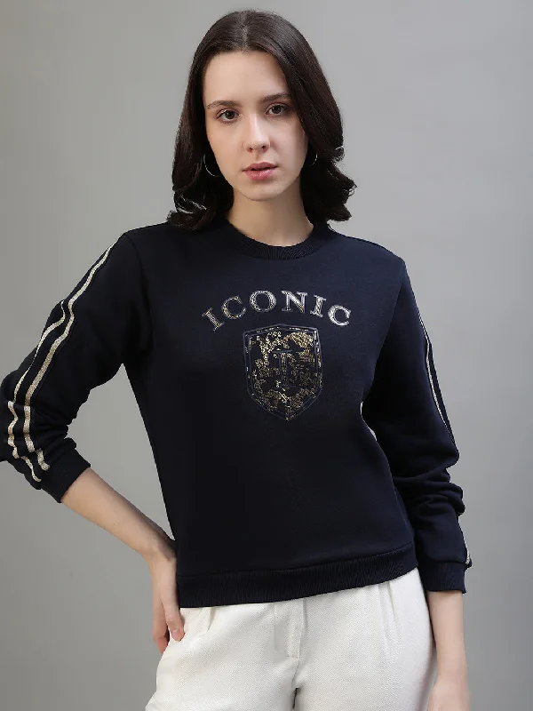 Iconic Women Navy Blue Printed Round Neck Full Sleeves Sweatshirt Hoodie with Bell Sleeves Flared Feminine