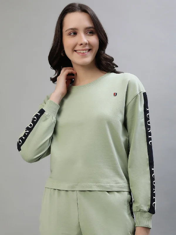 Iconic Women Green Solid Round Neck Full Sleeves Sweatshirt Hoodie with Lace Feminine Delicate