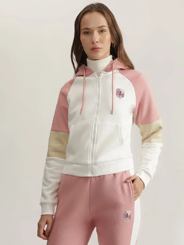 Iconic Women Pink Color-Blocked Hooded Full Sleeves Sweatshirt Hoodie with Pastel Soft Subtle