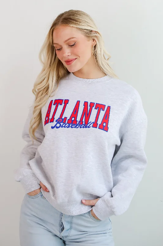 Light Heather Grey Atlanta Baseball Sweatshirt Hoodie with Hem Detail Decorative Unique