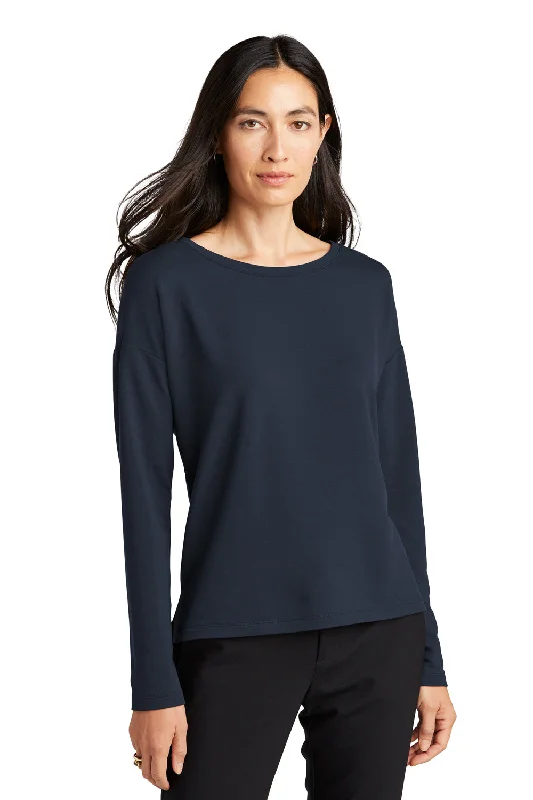 Mercer+Mettle Womens Stretch Drop Shoulder Wide Crewneck Sweatshirt - Night Navy Blue Hoodie with Mock Neck Collared Structured