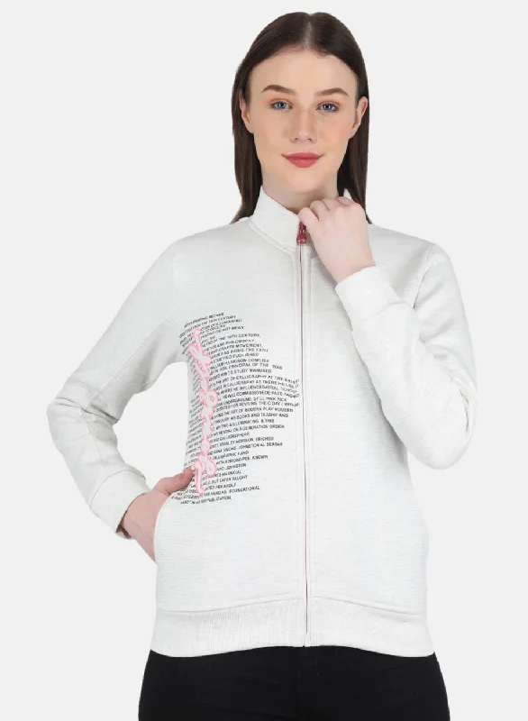 Women Off White Printed Sweatshirt Hoodie with Mock Neck Collared Structured