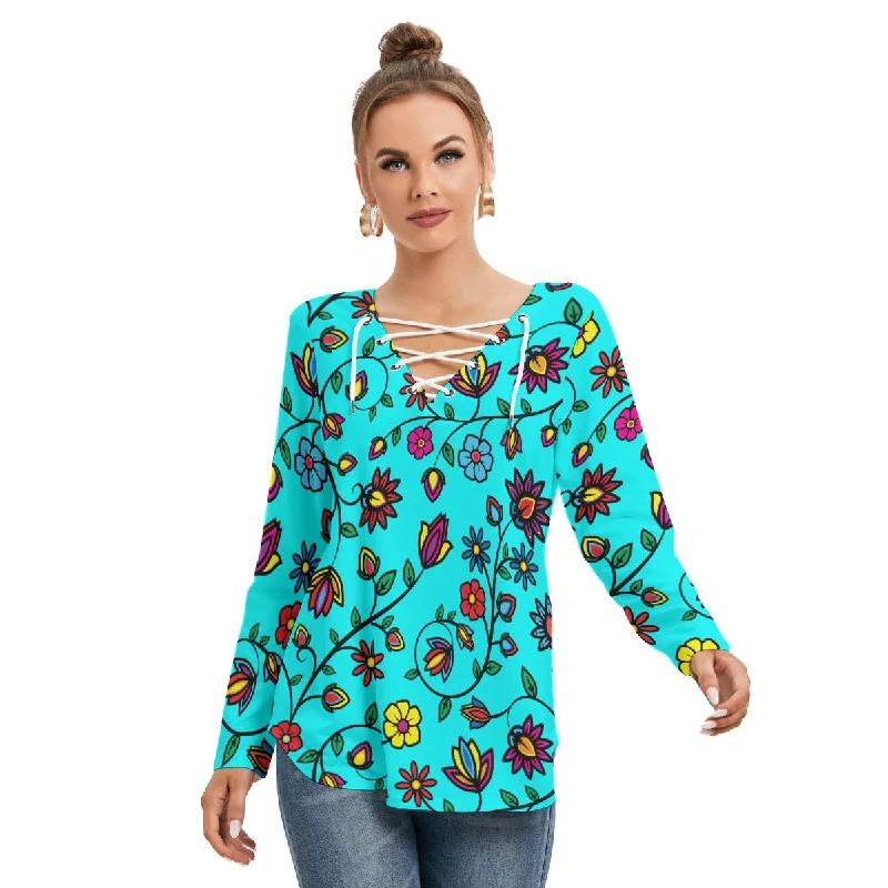 Nature's Nexus Turquoise Women's Long Sleeve Neckline Tie Sweatshirt Hoodie Sweatshirt Pullover