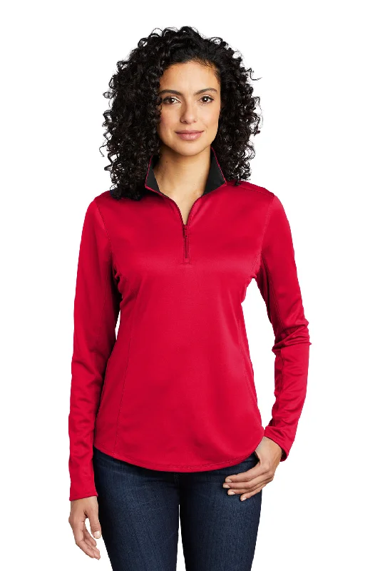 Port Authority Womens Silk Touch Performance Moisture Wicking 1/4 Zip Sweatshirt - Red/Black Hoodie with Belted Waist Structured Tailored