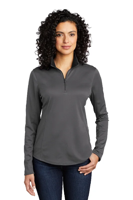 Port Authority Womens Silk Touch Performance Moisture Wicking 1/4 Zip Sweatshirt - Steel Grey/Black Hoodie with Half-Zip Sporty Casual