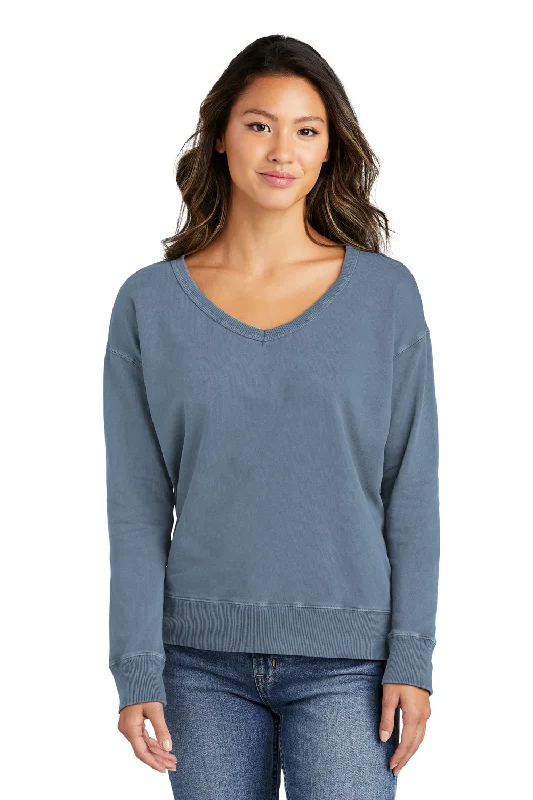 Port & Company Womens Beach Wash Garment Dyed V-Neck Sweatshirt - Faded Denim Blue Hoodie with Emblem Brand Identity