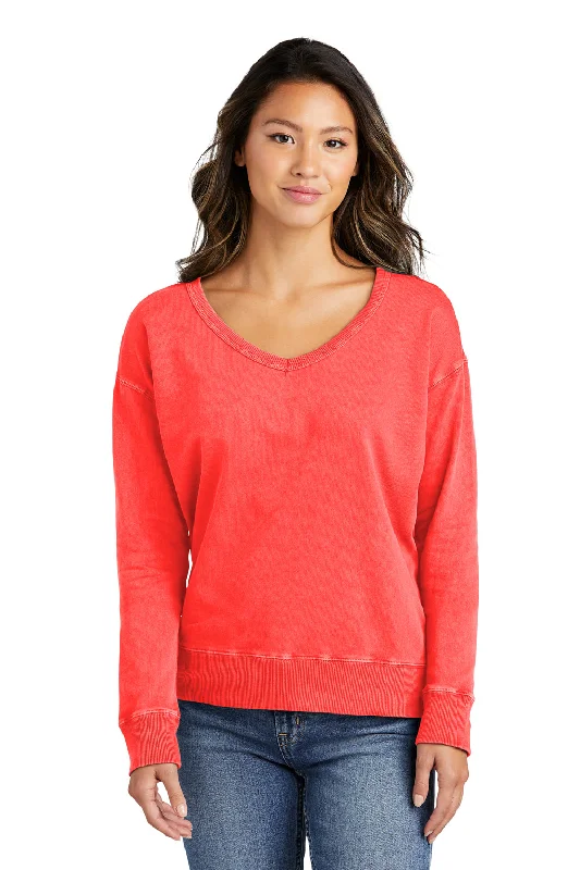 Port & Company Womens Beach Wash Garment Dyed V-Neck Sweatshirt - Poppy Red Hoodie with Slim Fit Tailored Modern