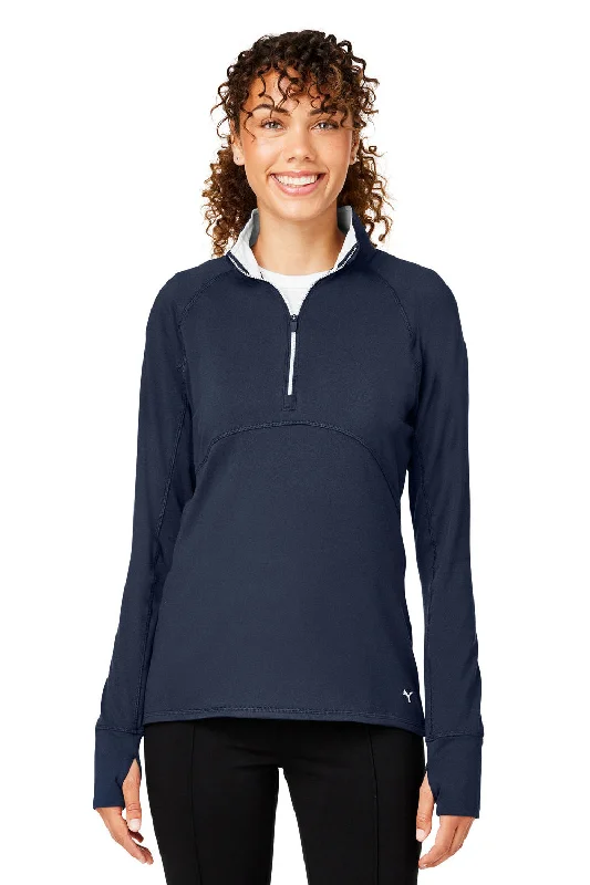 Puma Womens Gamer Moisture Wicking 1/4 Zip Sweatshirt w/ Pockets - Navy Blue - Closeout Hoodie with Hem Patch Decorative Personalized