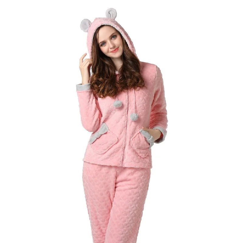 RH Women's Comfy Hooded Ears Two Piece Long Sleepwear Lounge Pajama Set UNISIZE RHW2321 Hoodie with Slit Hem Functional Movement