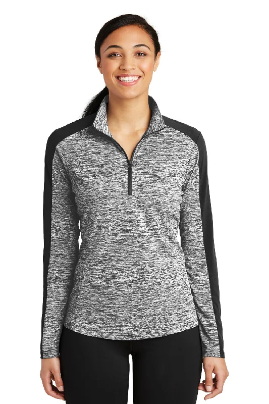 Sport-Tek Womens Electric Heather Moisture Wicking 1/4 Zip Sweatshirt - Black Electric/Black Hoodie with Cuffed Sleeves Snug Secure