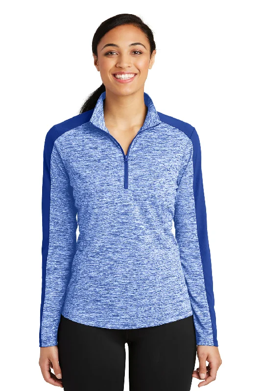 Sport-Tek Womens Electric Heather Moisture Wicking 1/4 Zip Sweatshirt - True Royal Blue Electric/True Royal Blue Hoodie with Contrast Stitching Detailed Premium