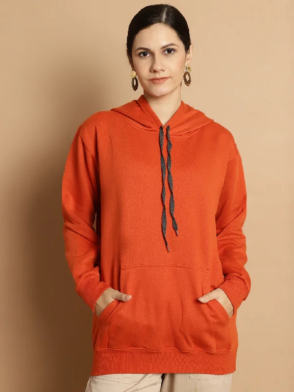 Vimal Jonney Rust Solid Hooded Cotton Fleece Sweatshirt for Women Hoodie with Neon Bright Vibrant