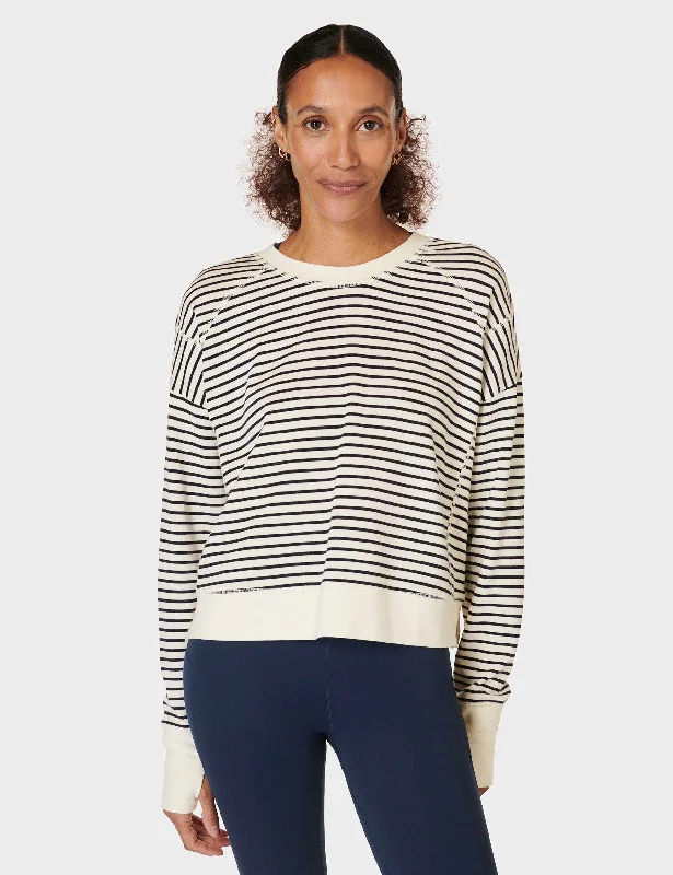 After Class Crop Sweatshirt - Lily White Stripe Hoodie with Lace Feminine Delicate