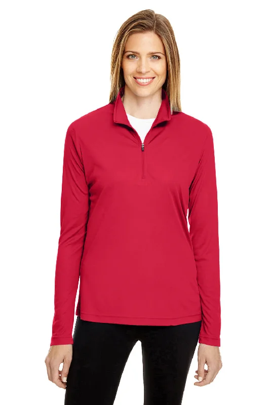 Team 365 Womens Zone Performance Moisture Wicking 1/4 Zip Sweatshirt - Red Hoodie with Turtle Neck Cozy Winter